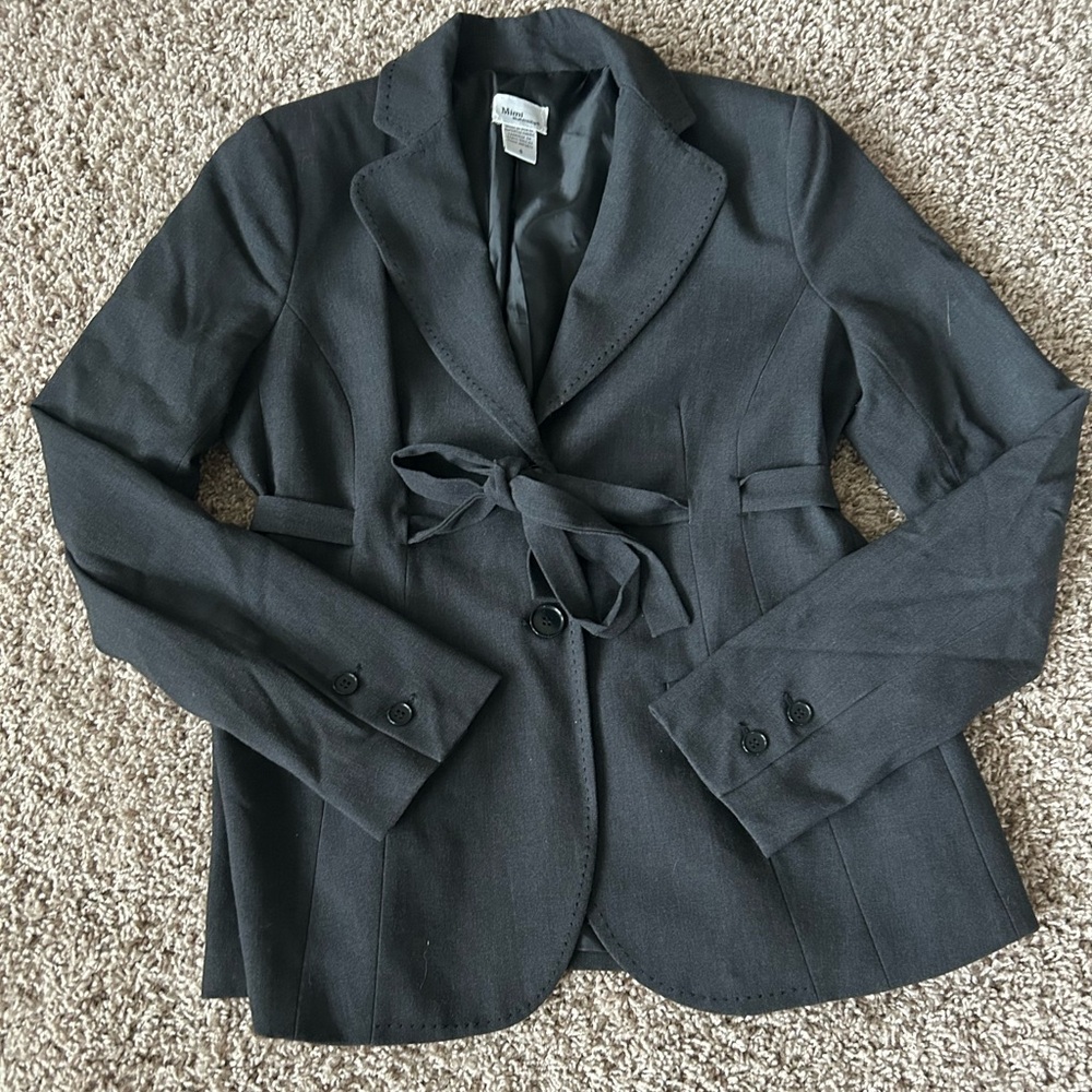 Mimi Maternity charcoal gray suit jacket with two button and front tie closure